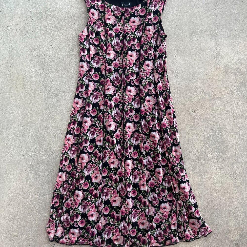 Black Floral Midi Dress Size 12 Rose Print Sleeveless